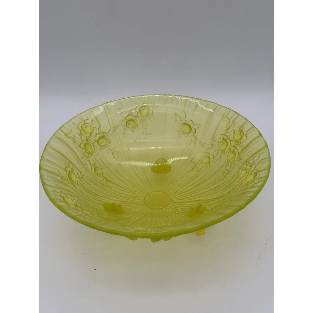 Tiffin Art Glass Vaseline Uranium Satin Roses Bowl 1920 MCM Round Green See Pics